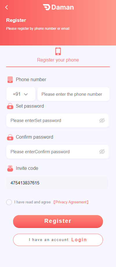 Daman Games Registration with Invite code